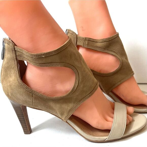 Tahari Suede Leather Heeled Sandals Women's Sz 9M Brown Beige Open Toe Back Zip - Picture 1 of 12